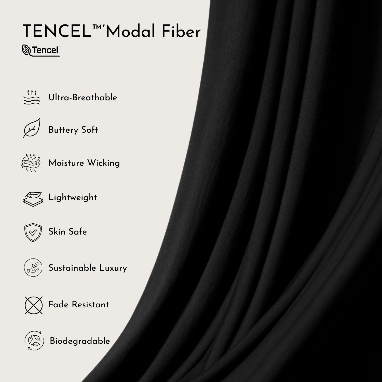 Lyvora Noir Breeze Tee — TENCEL™ Modal fabric shown with icons for breathability, softness, and sustainable luxury.