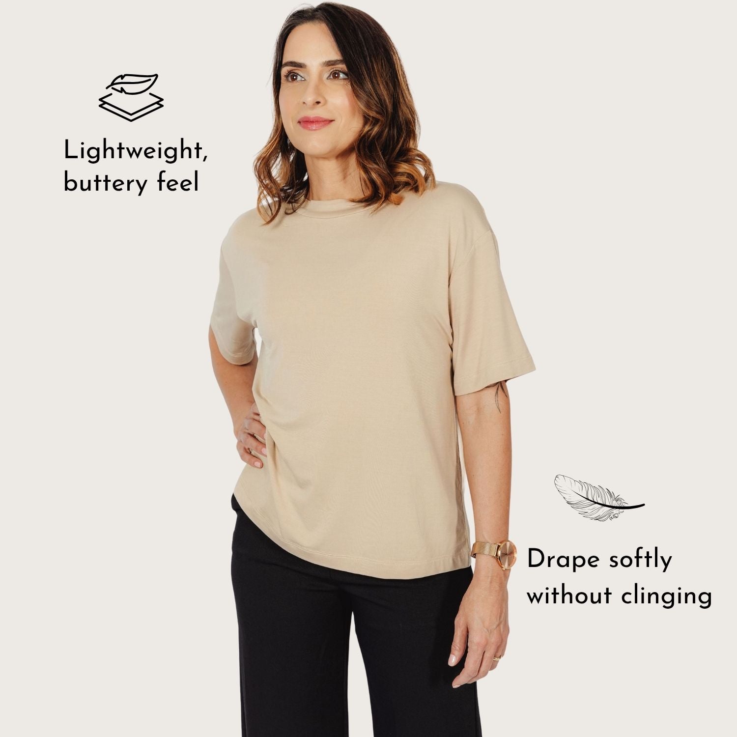 Side profile of Lyvora Sand Drift Breeze Tee showing gentle drape without clinging