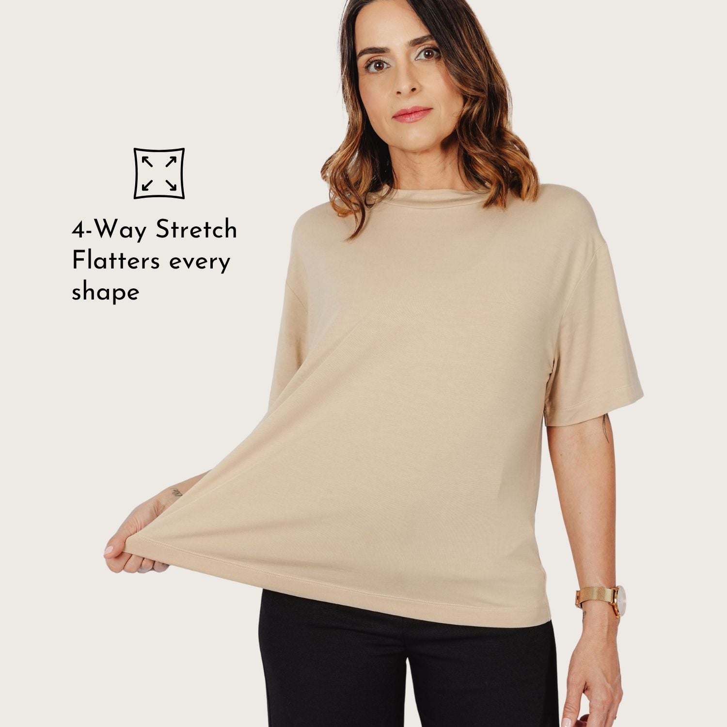 Lyvora Sand Drift Breeze Tee showing 4-way stretch that flatters every shape.