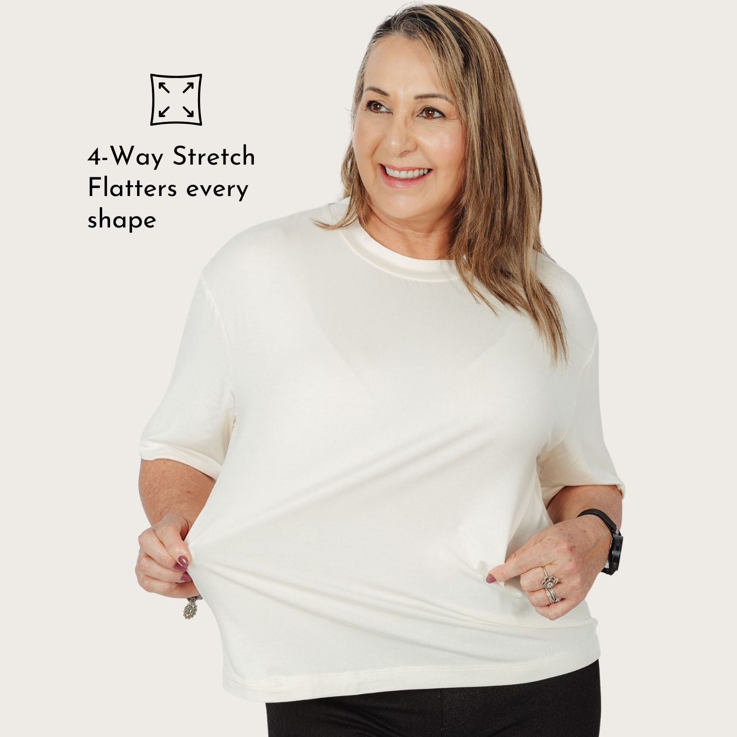 Woman stretching Lyvora Breeze Tee showing 4-way stretch that flatters every shape.