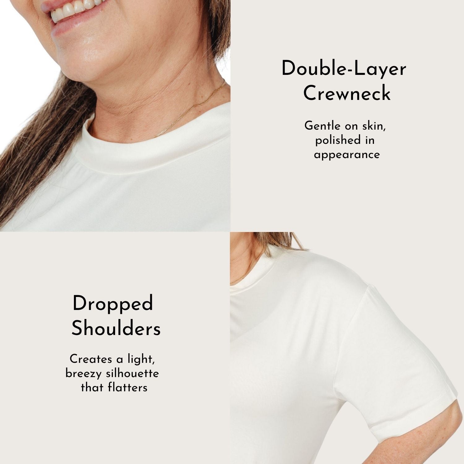 Close-up of Lyvora Breeze Tee double-layer crewneck and dropped-shoulder design.