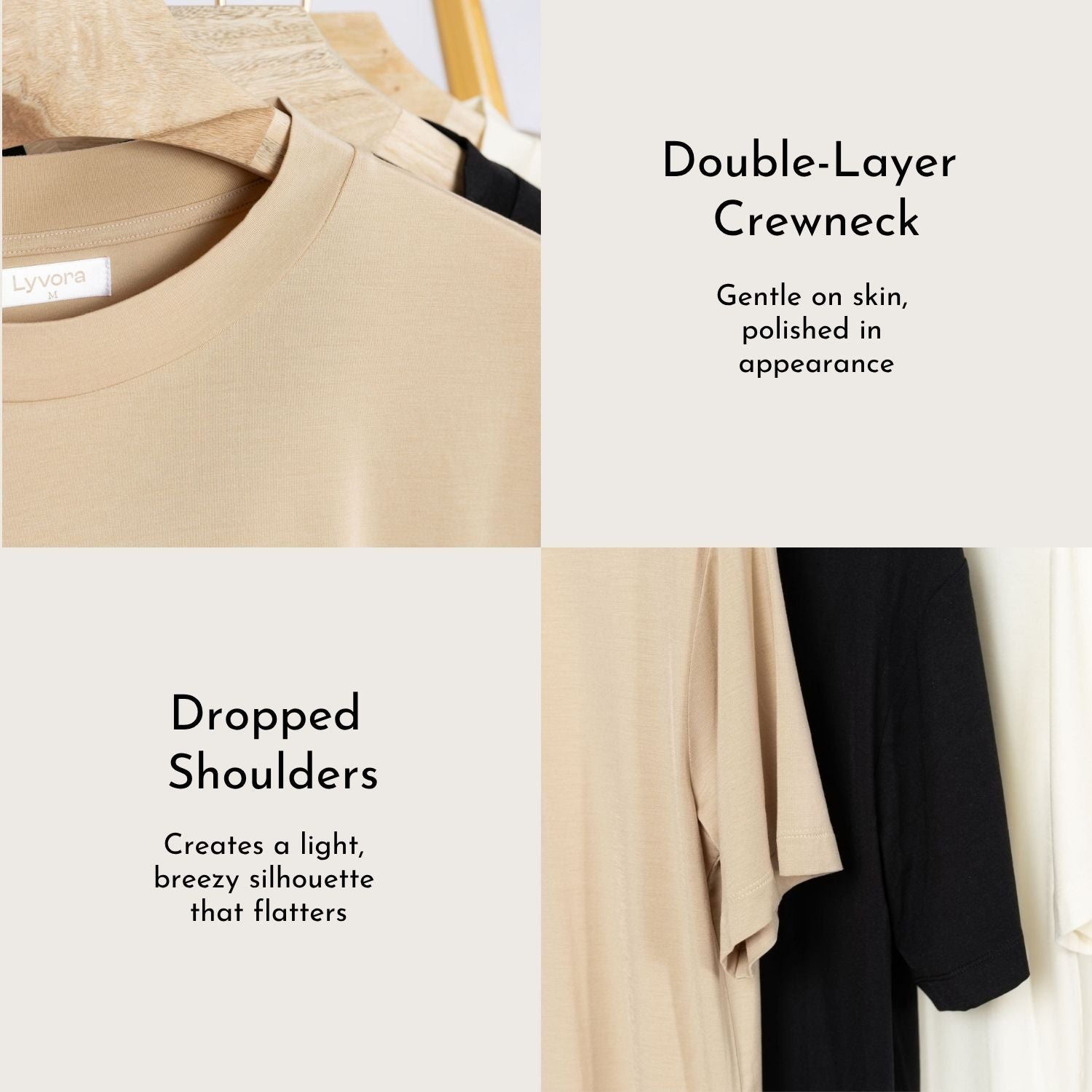 Double-layer crewneck and dropped shoulders on Lyvora Sand Drift Breeze Tee for a polished, breezy look.