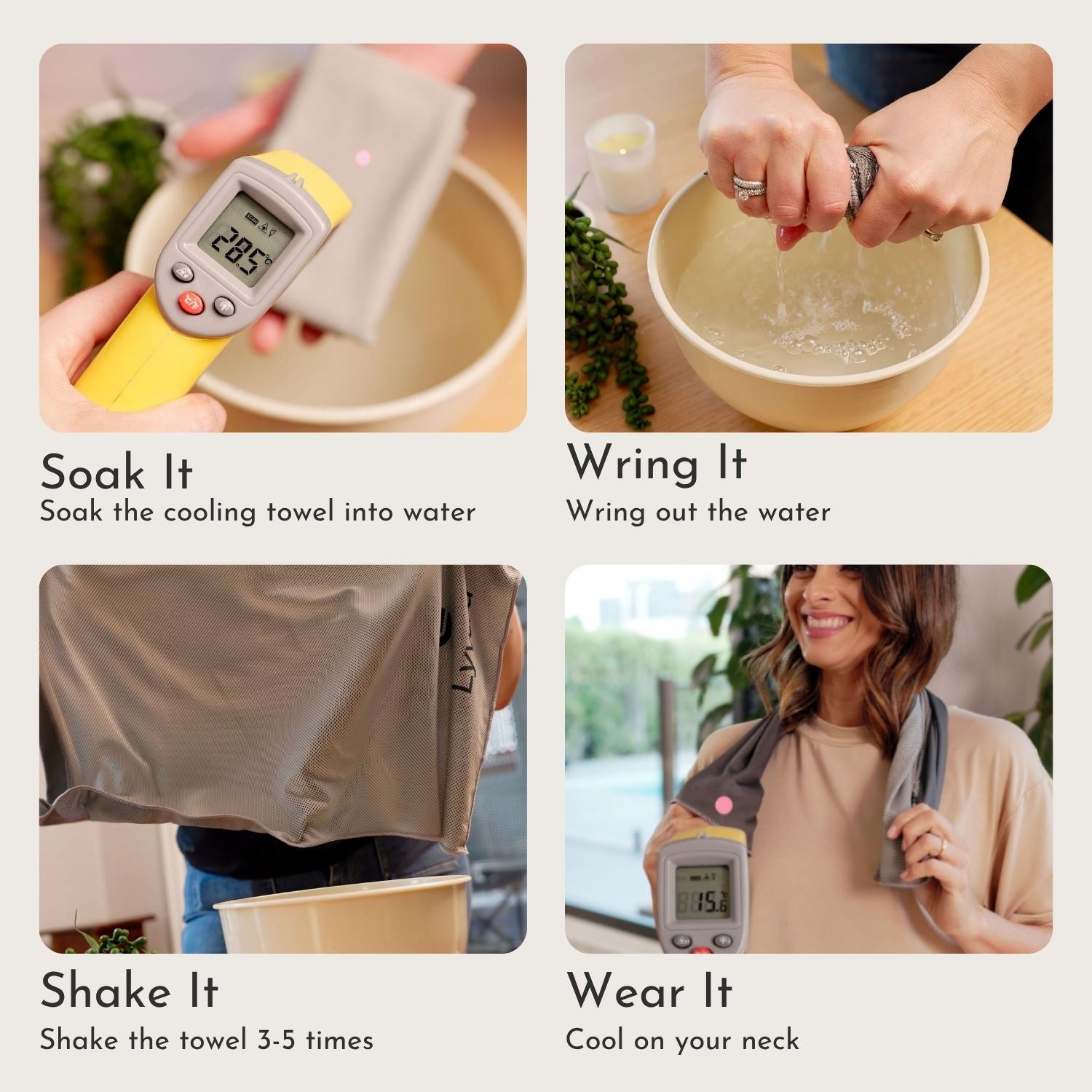 Step-by-step guide showing how to soak, wring, shake, and wear the cooling towel, with a digital thermometer displaying a lower temperature after activation.