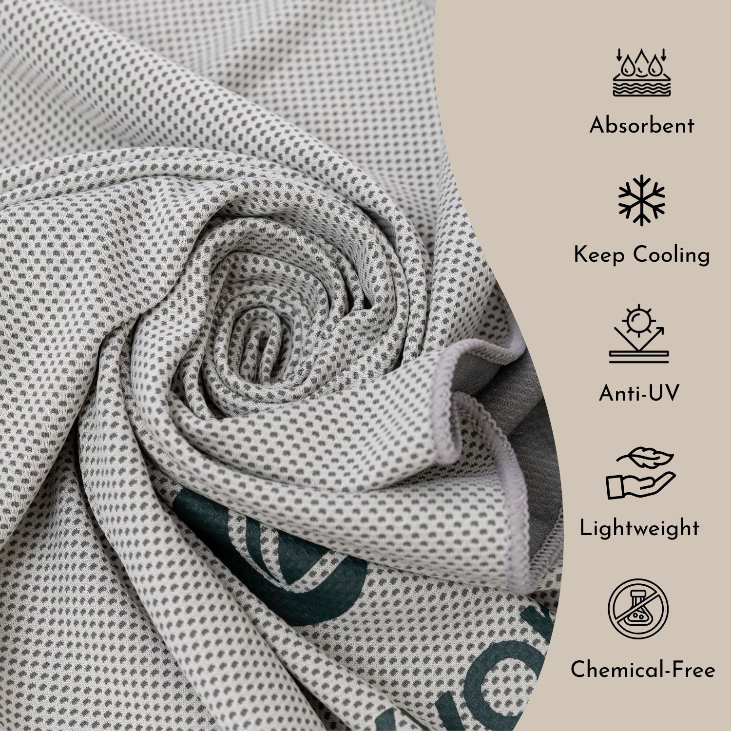 Icons showing absorbent, cooling, UV-resistant, lightweight, chemical-free benefits.