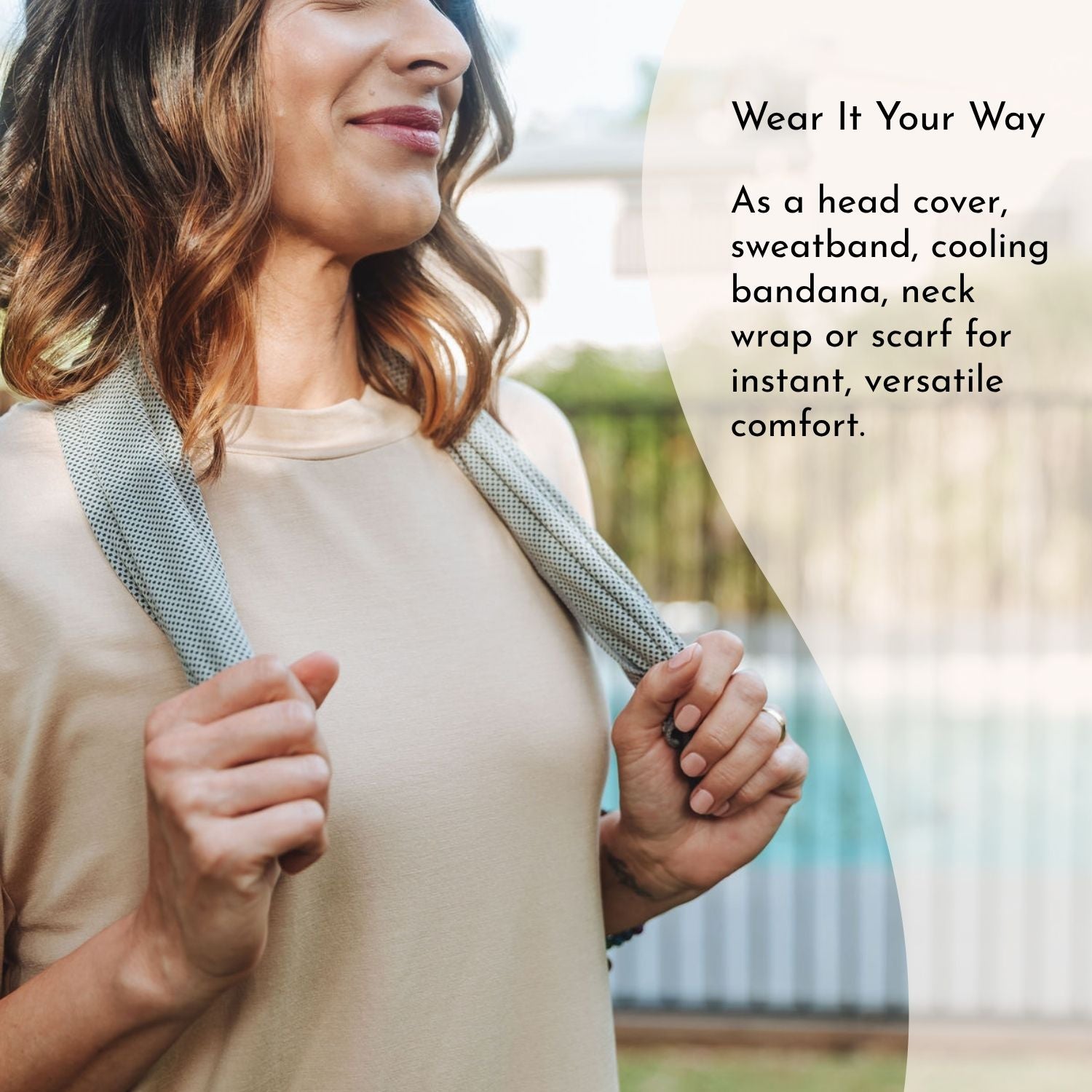 Graphic showing multiple ways to wear the towel: neck wrap, scarf, headband.