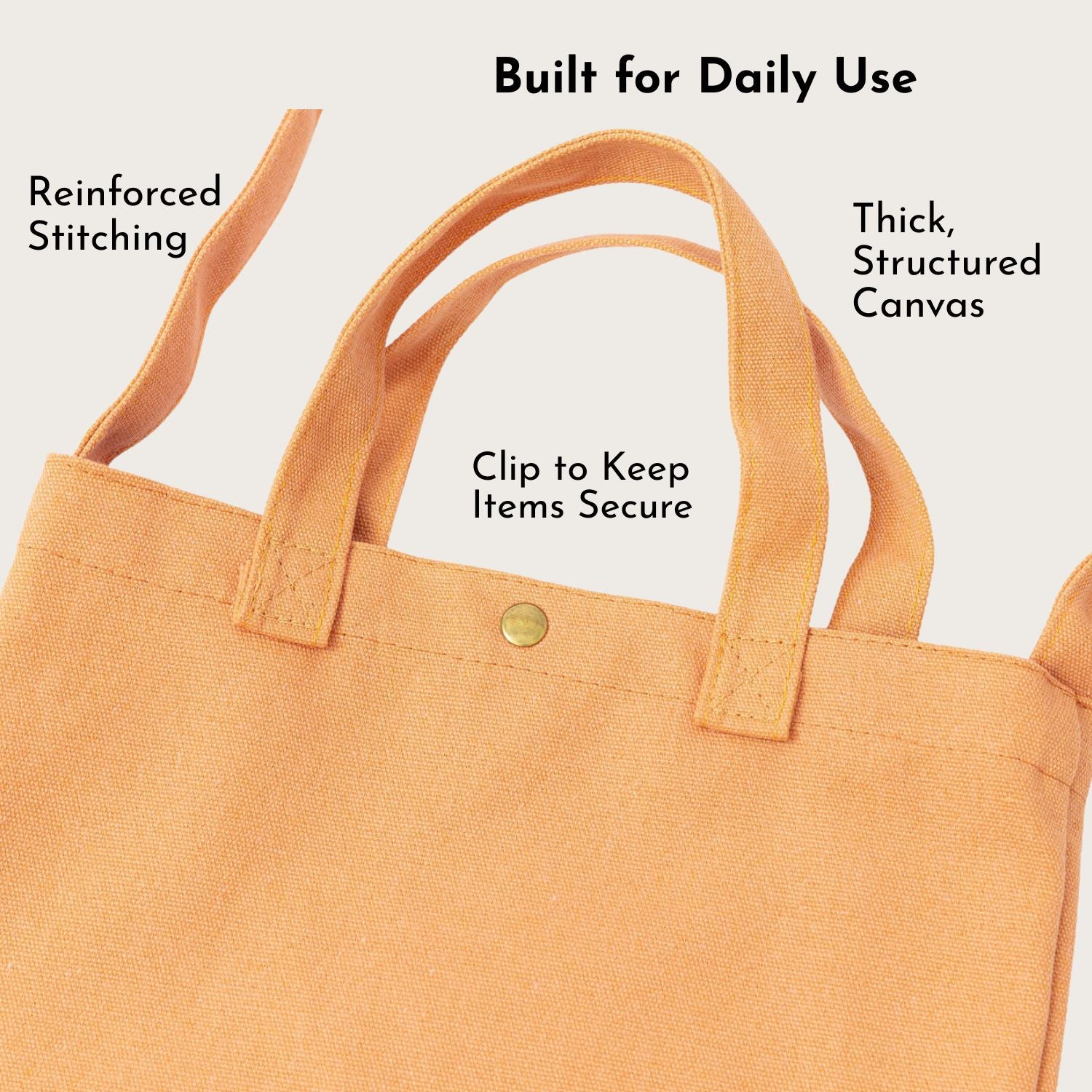 Close-up of Lyvora beige tote bag highlighting thick canvas, reinforced stitching, and secure clip