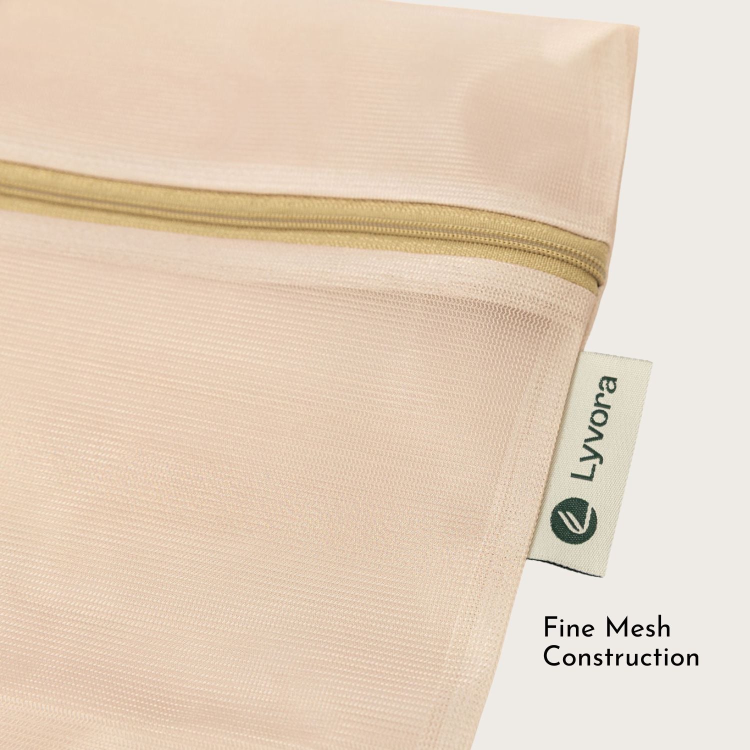 Close-up of Lyvora Laundry Care Bag showing fine khaki mesh fabric texture