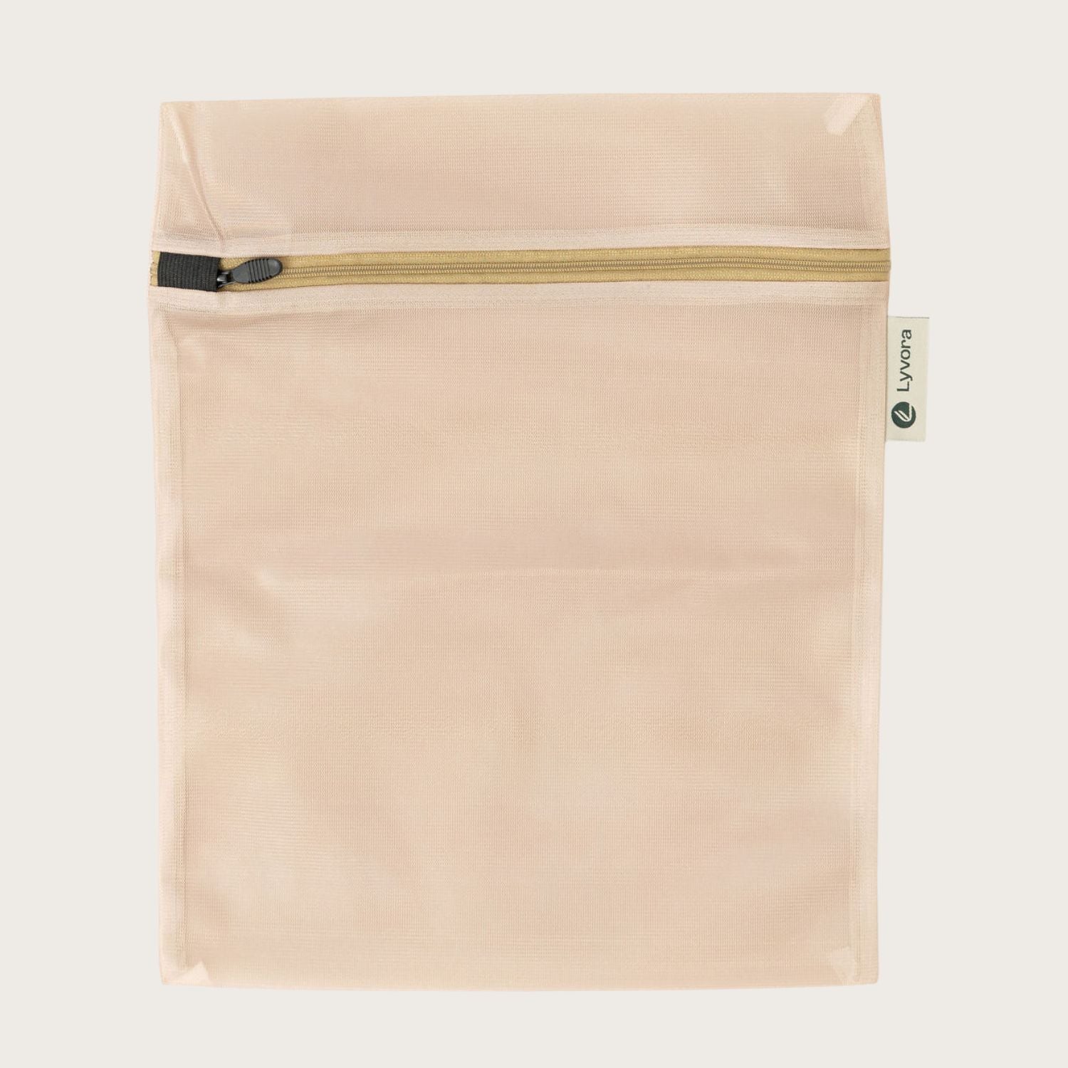 Lyvora Laundry Care Bag in khaki fine mesh with black zipper on neutral background