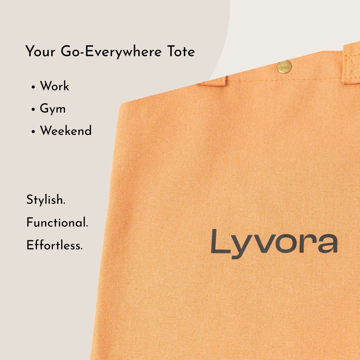 Lyvora beige tote bag shown as ideal for work, gym, and weekend use